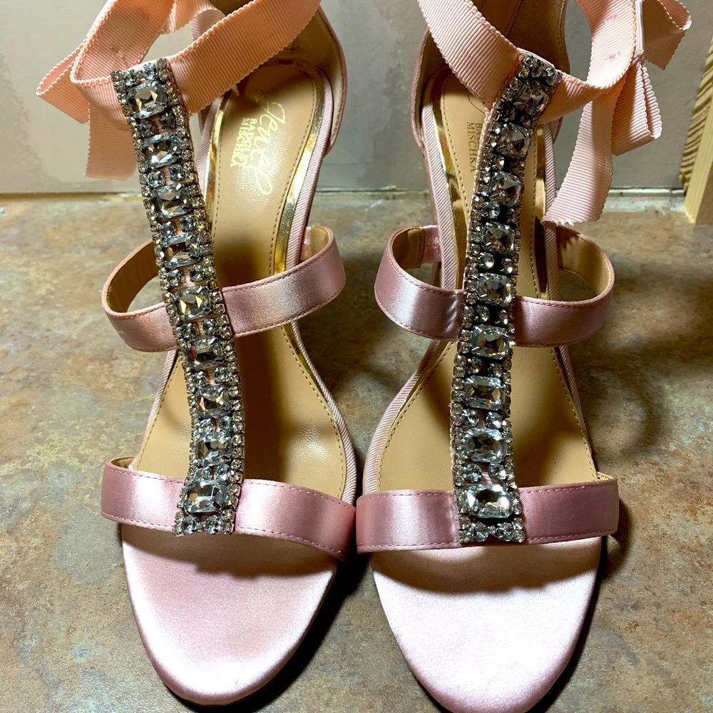 Badgley Mischka Pink Satin Jeweled T-Strap Heels